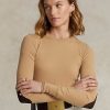 Beige Women’s Ralph Lauren Ribbed Suede-Trim Long-Sleeve T Shirts Beige Women’s Ralph Lauren Ribbed Suede-Trim Long-Sleeve T Shirts