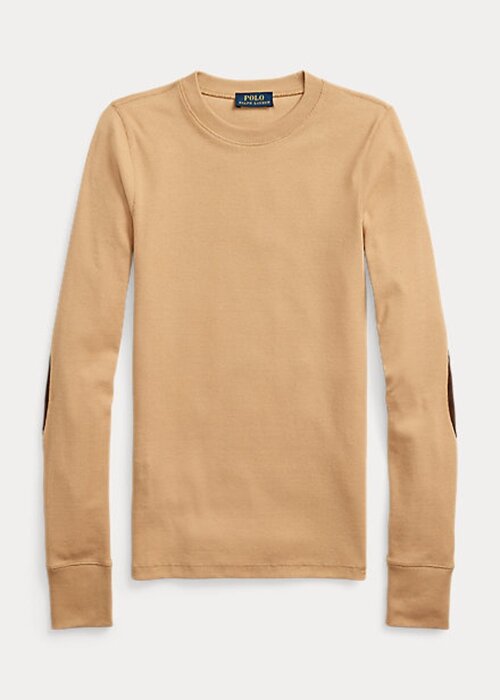 Beige Women’s Ralph Lauren Ribbed Suede-Trim Long-Sleeve T Shirts Beige Women’s Ralph Lauren Ribbed Suede-Trim Long-Sleeve T Shirts