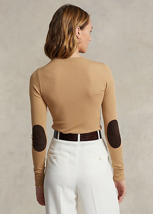 Beige Women’s Ralph Lauren Ribbed Suede-Trim Long-Sleeve T Shirts Beige Women’s Ralph Lauren Ribbed Suede-Trim Long-Sleeve T Shirts