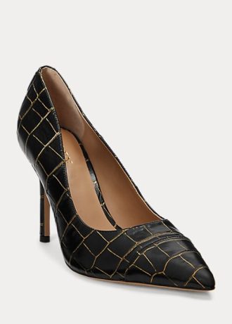 Black / Gold Women’s Ralph Lauren Lindella Embossed-Leather Heels