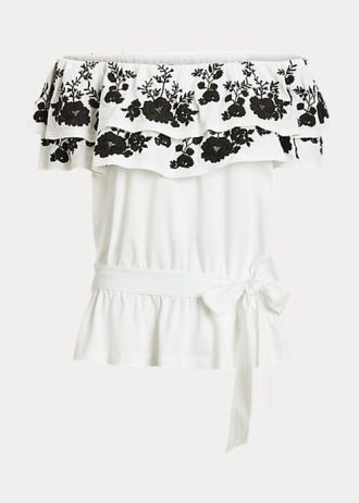Black / White Women’s Ralph Lauren Embroidered Jersey Off-the-Shoulder Tops