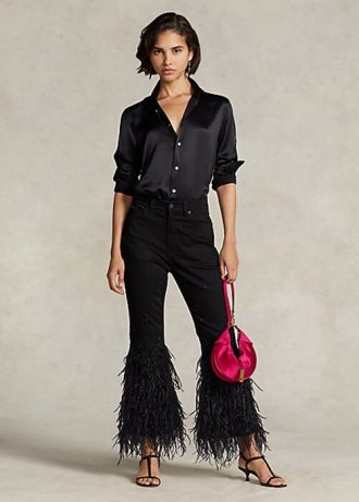 Black Women’s Ralph Lauren Beaded Feather-Trim High-Rise Flare Jeans