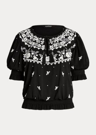 Black Women’s Ralph Lauren Embroidered Jersey Tie-Neck Tops