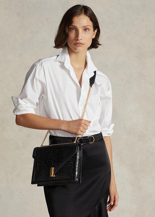 Black Women’s Ralph Lauren Polo ID Croc-Embossed Envelope Chain Crossbody Bags Black Women’s Ralph Lauren Polo ID Croc-Embossed Envelope Chain Crossbody Bags