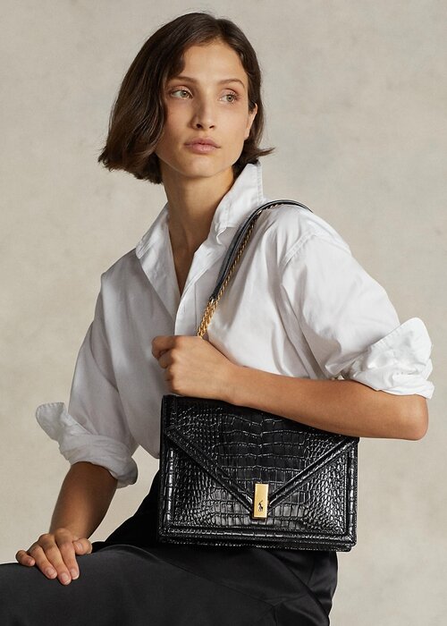 Black Women’s Ralph Lauren Polo ID Croc-Embossed Envelope Chain Crossbody Bags Black Women’s Ralph Lauren Polo ID Croc-Embossed Envelope Chain Crossbody Bags