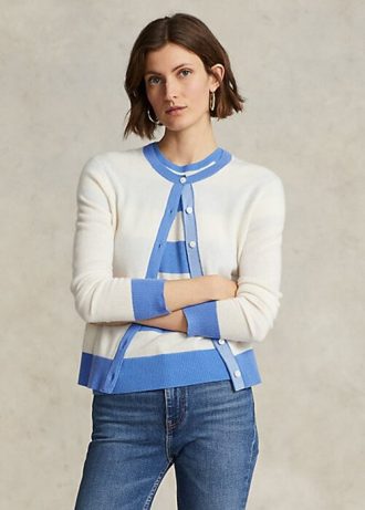Blue / Cream Women’s Ralph Lauren Crest Cashmere Cardigan Sweaters