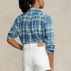 Blue Women’s Ralph Lauren Plaid Cotton Twill High-Low Shirts