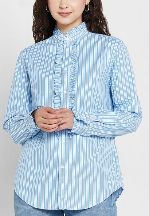 Blue Women’s Ralph Lauren Striped Ruffle Detail Shirts Blue Women’s Ralph Lauren Striped Ruffle Detail Shirts