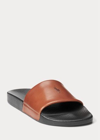 Brown Men’s Ralph Lauren Signature Pony Leather Slippers
