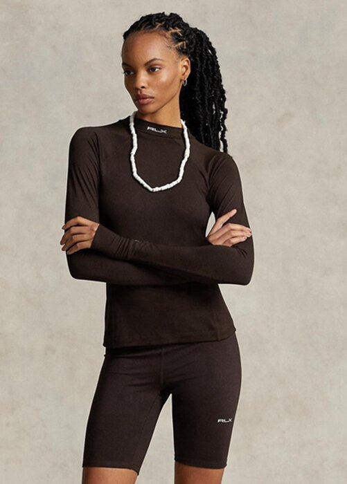 Brown Women’s Ralph Lauren Logo Jersey Long-sleeve Mockneck T Shirts Brown Women’s Ralph Lauren Logo Jersey Long-sleeve Mockneck T Shirts