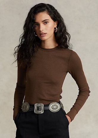 Brown Women’s Ralph Lauren Ribbed Suede-Trim Long-Sleeve T Shirts
