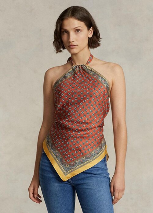 Brown Women’s Ralph Lauren Scarf-motif Mulberry Silk Halter Tops Brown Women’s Ralph Lauren Scarf-motif Mulberry Silk Halter Tops