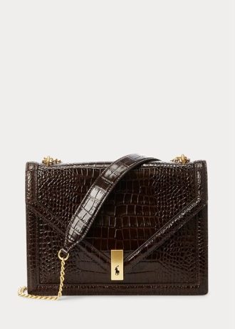Chocolate Women’s Ralph Lauren Polo ID Croc-Embossed Envelope Chain Handbag