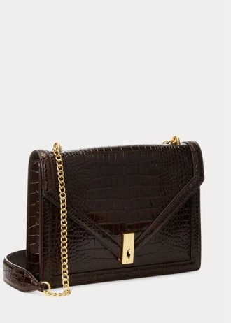 Chocolate Women’s Ralph Lauren Polo ID Croc-Embossed Envelope Chain Handbag
