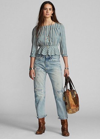 Cream / Blue Women’s Ralph Lauren Gingham Voile Peplum Blouse Shirts