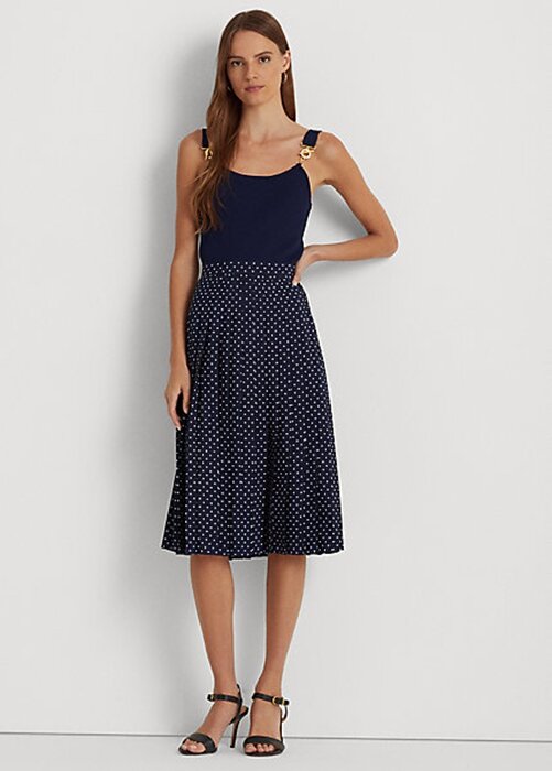 Cream / Navy Women’s Ralph Lauren Polka-Dot Pleated Crepe Skirts Cream / Navy Women’s Ralph Lauren Polka-Dot Pleated Crepe Skirts