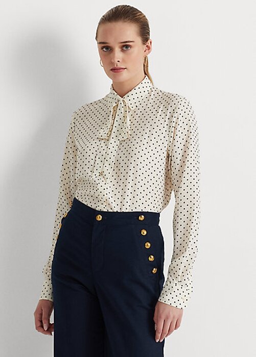 Cream / Navy Women’s Ralph Lauren Polka-Dot Tie-Neck Crepe Shirts Cream / Navy Women’s Ralph Lauren Polka-Dot Tie-Neck Crepe Shirts