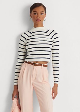 Cream / Navy Women’s Ralph Lauren Striped Cropped Mockneck Sweaters
