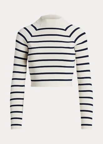 Cream / Navy Women’s Ralph Lauren Striped Cropped Mockneck Sweaters