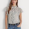 Cream / Navy Women’s Ralph Lauren Striped Ruffle-Trim Chiffon Blouse Shirts Cream / Navy Women’s Ralph Lauren Striped Ruffle-Trim Chiffon Blouse Shirts