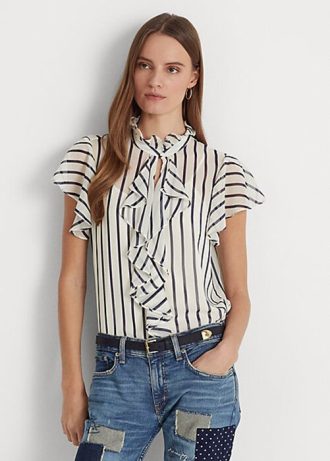 Cream / Navy Women’s Ralph Lauren Striped Ruffle-Trim Chiffon Blouse Shirts Cream / Navy Women’s Ralph Lauren Striped Ruffle-Trim Chiffon Blouse Shirts