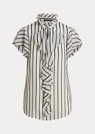 Cream / Navy Women’s Ralph Lauren Striped Ruffle-Trim Chiffon Blouse Shirts Cream / Navy Women’s Ralph Lauren Striped Ruffle-Trim Chiffon Blouse Shirts