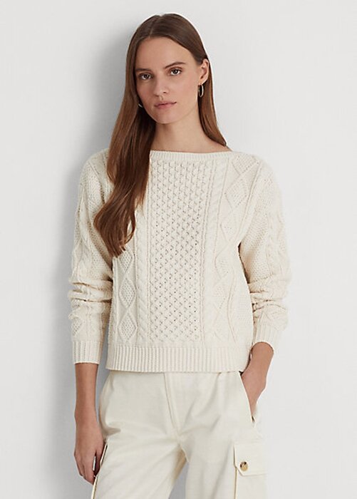 Cream Women’s Ralph Lauren Aran-Knit Cotton Boatneck Sweaters Cream Women’s Ralph Lauren Aran-Knit Cotton Boatneck Sweaters