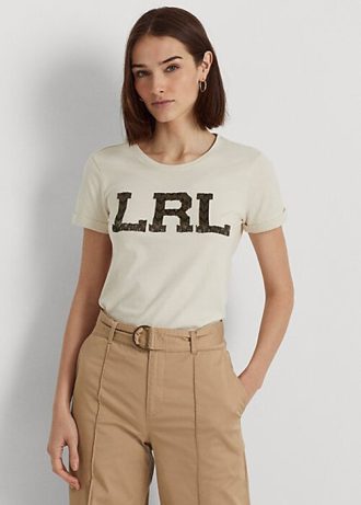 Cream Women’s Ralph Lauren Beaded-Logo Jersey T Shirts Cream Women’s Ralph Lauren Beaded-Logo Jersey T Shirts