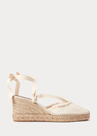 Cream Women’s Ralph Lauren Fringe-Trim Canvas Wedge Flat Shoes Cream Women’s Ralph Lauren Fringe-Trim Canvas Wedge Flat Shoes