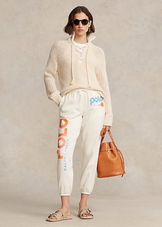 Cream Women’s Ralph Lauren Logo & Wave Graphic Fleece Sweatpants