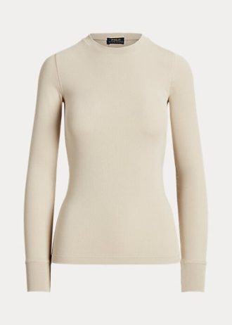 Cream Women’s Ralph Lauren Ribbed Suede-Trim Long-Sleeve T Shirts