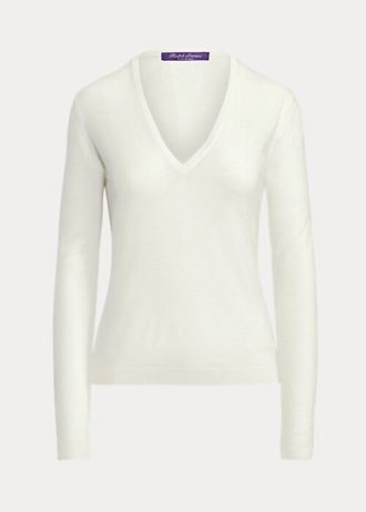 Cream Women’s Ralph Lauren Wool Long-Sleeve V-Neck Sweaters