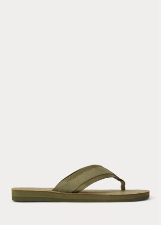 Dark Olive Men’s Ralph Lauren Grosgrain-Trim Suede Flip Flops