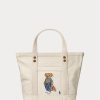 Ecru Multi Women’s Ralph Lauren Canvas Small New Orleans Polo Bear Tote Bags