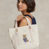 Ecru Multi Women’s Ralph Lauren Canvas Small New Orleans Polo Bear Tote Bags