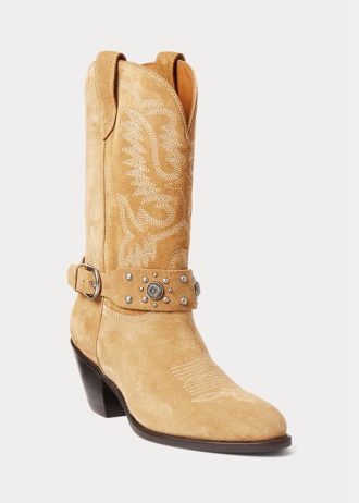 Khaki Women’s Ralph Lauren Studded Calf-Suede Western Boots