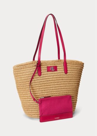 Natural/Sport Pink Women’s Ralph Lauren Leather-Trim Straw Large Brie Tote Bags