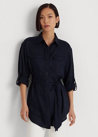 Navy Women’s Ralph Lauren Belted Linen   Shirts
