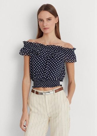 Navy Women’s Ralph Lauren Polka-dot Off-the-shoulder Blouse  Tops