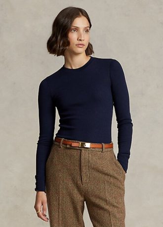 Navy Women’s Ralph Lauren Ribbed Suede-Trim Long-Sleeve T Shirts