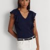 Navy Women’s Ralph Lauren Ruffle-trim Rib-knit   T Shirts