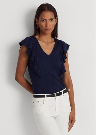 Navy Women’s Ralph Lauren Ruffle-trim Rib-knit   T Shirts