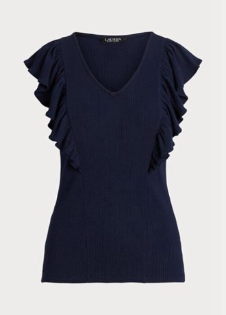 Navy Women’s Ralph Lauren Ruffle-trim Rib-knit   T Shirts