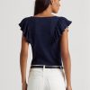 Navy Women’s Ralph Lauren Ruffle-trim Rib-knit   T Shirts