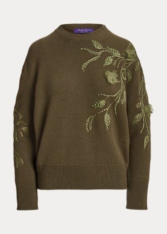 Olive Women’s Ralph Lauren Embellished Cashmere Crewneck Sweaters