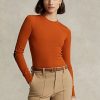 Orange Women’s Ralph Lauren Ribbed Suede-Trim Long-Sleeve T Shirts