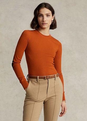 Orange Women’s Ralph Lauren Ribbed Suede-Trim Long-Sleeve T Shirts