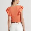 Orange Women’s Ralph Lauren Ruffle-trim Rib-knit   T Shirts