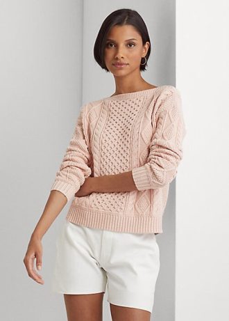 Pink Women’s Ralph Lauren Aran-Knit Cotton Boatneck Sweaters