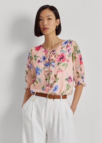Pink Women’s Ralph Lauren Floral Crinkle Georgette Blouse Tops